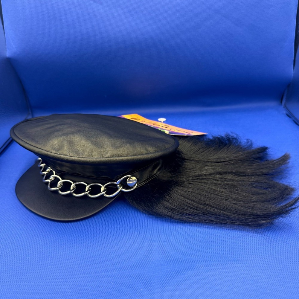 Biker Military Motorcycle Cap Chain Hair Halloween Hat Black Faux Leather Rocker